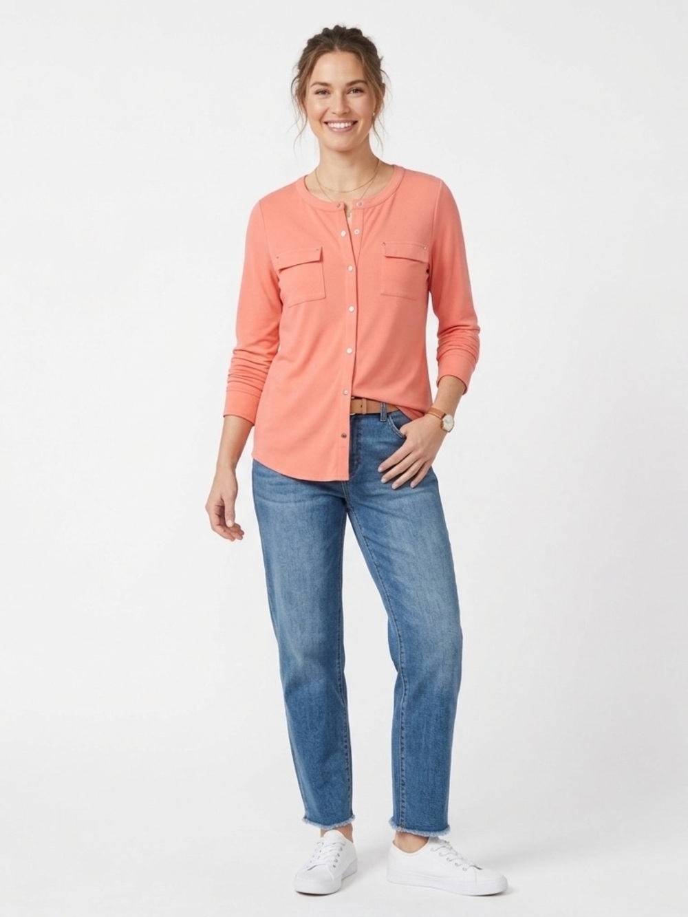 Dana Buchman Coral Button Front Blouse Large Stretch Work Top